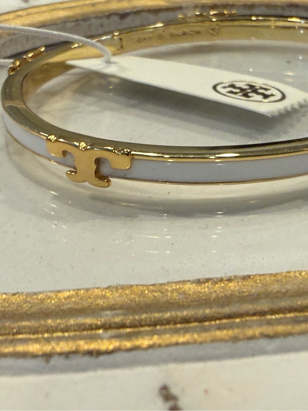 Tory Burch White Enamel Bangle Bracelet with Gold Logo